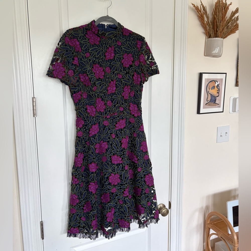 Tahari Navy Dress with Purple and Green Floral Overlay